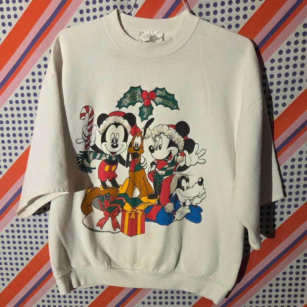 Vintage 80s Disney Mickey Mouse Goofy Pluto Christmas Short Sleeve Sweatshirt